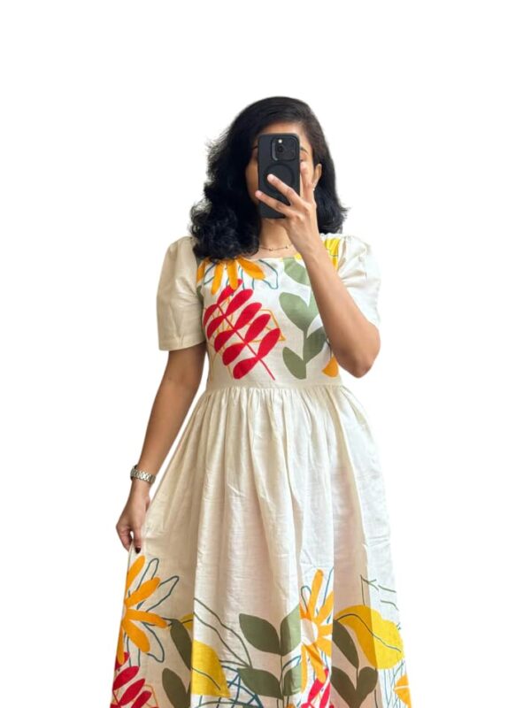 Women Floral Print Cotton Midi Dress, Short Sleeve, White with Yellow and Red Flowers, A-Line Fit (Alpha, L, White)