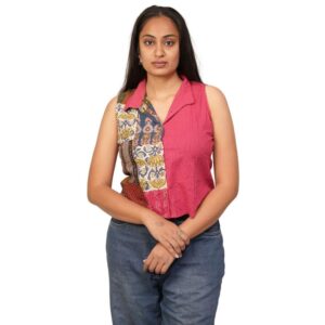 Women's Cotton Printed Regular Fit Collar Neck Sleeveless Shirt | Pink | S