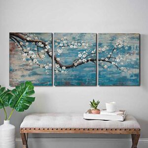 Wall Art Hand-Painted Framed Flower Oil Painting On Canvas Gallery Wrapped Modern Floral Artwork for Living Room Bedroom Décor (Teal Blue Lake, 36"x16") - 3 Piece  Shopsyday.com: Home Decor