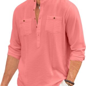 Cotton Blend Solid Casual Short Kurta for Men Long Sleeve Mandarin Collar Stylish Shirt Kurta for Men Peach at Shopsyday.com