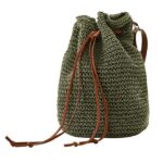 Tote Bag Drawstring Womens Straw Wicker Handmade Boho Summer Beach  (Green)