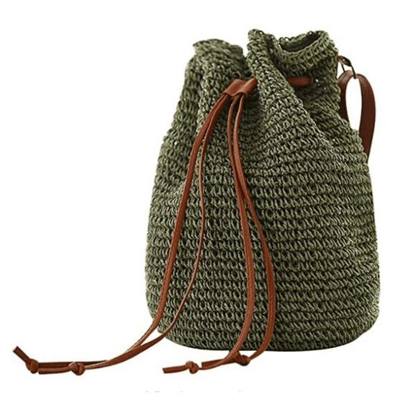 Tote Bag Drawstring Womens Straw Wicker Handmade Boho Summer Beach  (Green)