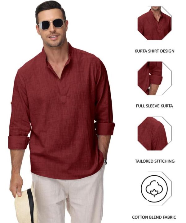 Short Kurta Maroon Men's Cotton Polyester Blend Solid Regular Fit Full Sleeve - Image 2