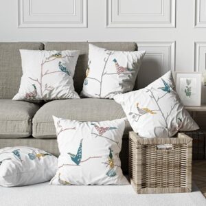 Curtain Co Bird Printed Canvas Cotton Cushion Covers (Shiri-Blue-Yellow) Set of 5-16 inch x 16 inch