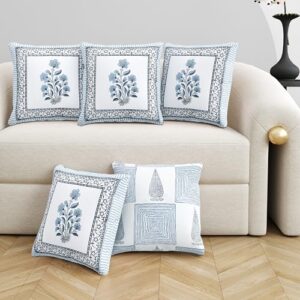 Cushion Cover Hand Block Printed Cotton  (16 x 16 inches) (5, Blue Grey Rose)