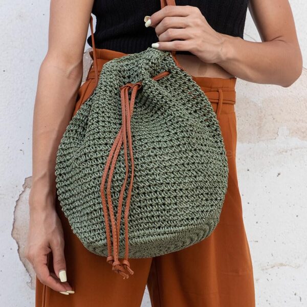 Tote Bag Drawstring Womens Straw Wicker Handmade Boho Summer Beach  (Green) - Image 2
