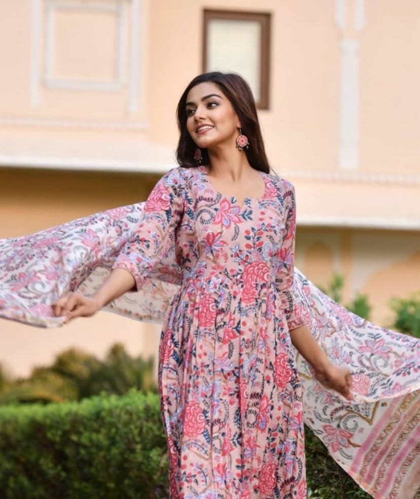 Women's Trendy Printed Cotton Blend Straight Kurta Pant Dupatta Set |AZ-LM-OG-KS2092-L Peach at Shopsyday.com - Image 4