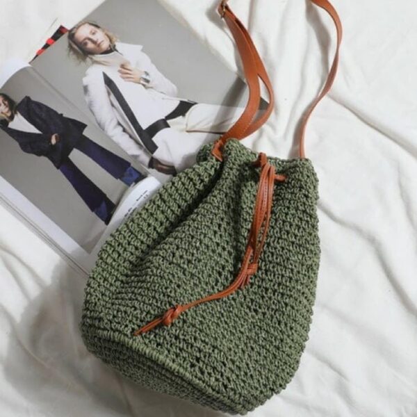 Tote Bag Drawstring Womens Straw Wicker Handmade Boho Summer Beach  (Green) - Image 6