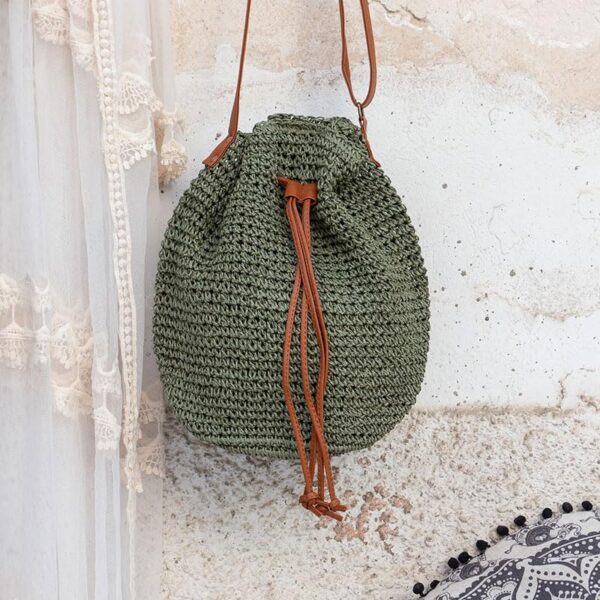 Tote Bag Drawstring Womens Straw Wicker Handmade Boho Summer Beach  (Green) - Image 4