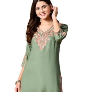 Buy Kashmiri Tunic Top, Short Kurti for Women on Jeans, V-Neck, 3/4 Sleeve, Floral Design, (in, Alpha, L, Regular, Pista) at Shopsyday.com