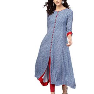 Buy Yash Gallery Women's Rayon Round Neck Calf Length Front Slit Geometrical Printed Regular Fit A-Line kurta (Blue, L) at Shopsyday.com