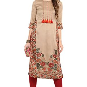 Janasya Women's Beige Poly Silk Floral Print Straight Kurta(JNE2305-KR-533-XS)  Shopsyday.com: Men Footwear