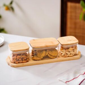 Buy Set of 3 Borosilicate Glass Snack Jars with Wooden Tray | Stylish Storage Jars with Bamboo Lids for Masala, Dry Fruits, Nuts, and Snacks | Ideal for Home, Kitchen and Gifting Online at Low Prices in India - Shopsyday.com