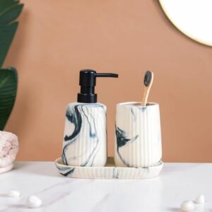 Ceramic Bathroom Accessories Set of 3 - Liquid Soap Pump Dispenser, Toothbrush Holder & Tray for Washbasin & Bathroom - Luxury Home Gift (White & Blue Marble Pattern)  Shopsyday.com: Home Decor