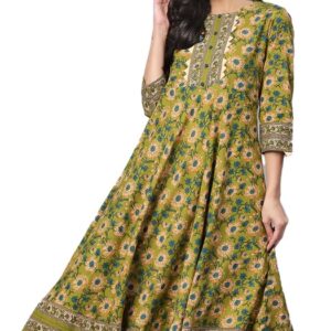 Buy Women's Cotton Floral Printed Regular Fit Anarkali Kurta For Women (1197Ykgreen_Green_Xx-Large) at Shopsyday.com