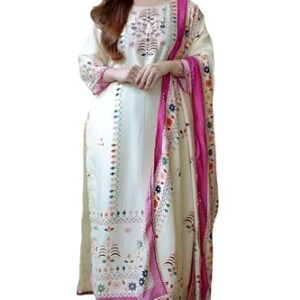 Women's Cotton Printed Sequence Work Straight Kurta Dupatta Pant Set (IN, Alpha, S, Regular, White) in Shopsyday.com