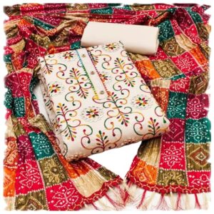 Women's Poly Cotton Embroidery Work Unstitched Salwar Suit Dress Material With Bandhej/Bandhani Print Dupatta (DM Goli Mirror Cream_Cream_Free Size)
