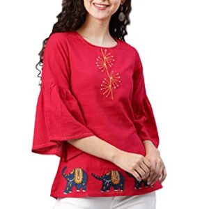 Women's Cotton Slub Patch Work Straight Regular Fit Top for Women (237Yk345Pink_Pink_Small)  Shopsyday.com: Women Clothing