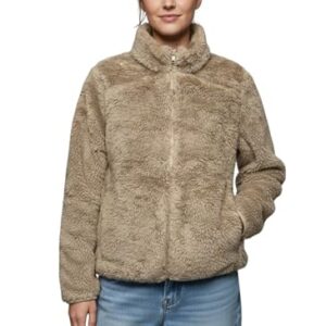 Buy Clothing Women’s Fluffy Yarn Fleece Full-Zip Jacket | Soft Lightweight Warm Outerwear with Stand Collar & Piping at Hem & Cuffs (Natural_L) at Shopsyday.com