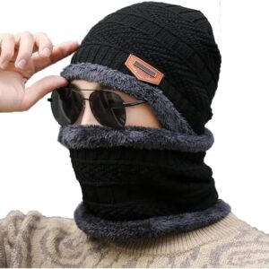 Fitness Cap & Muffler for Men & Women| Beanie Cap| Woolen Topaa| Winter Cap| Head & Neck Warmer| Black Color| 1 Set| Shopsyday.com