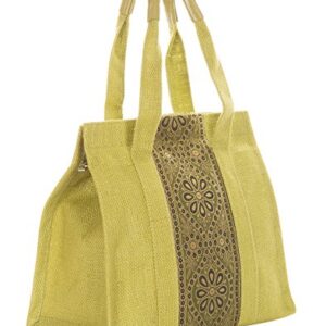 Jute Cottage Eco-Friendly Lunch & Grocery Bag for Men & Women | 10x10x6 in Olive Green Jute with Vertical Brocade Fabric & Zip | Handcrafted Sustainable Tiffin Tote for Office, Travel, Daily Use  Shopsyday.com